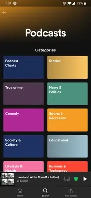 Spotify podcast categories screen
