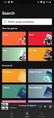 Spotify search and genres screen